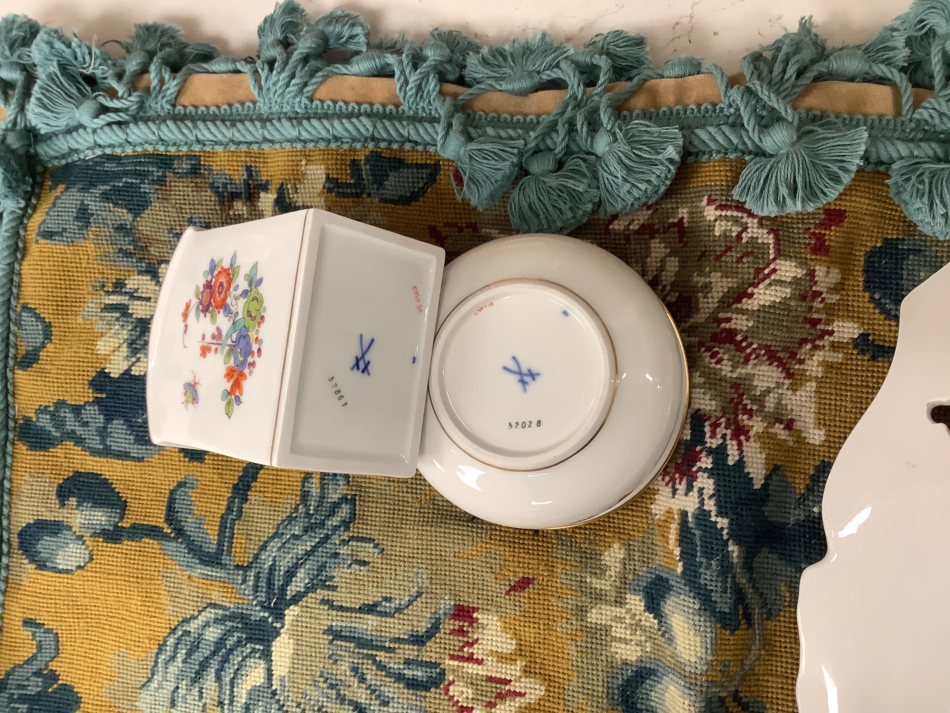 A Meissen gilt and blue glazed dish together with a similar floral caddy and box and cover, dish 33cm